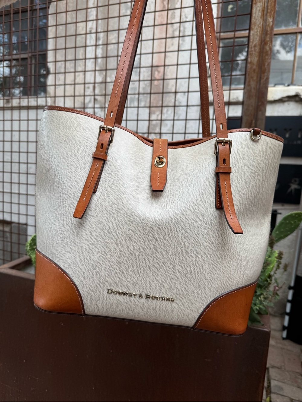 Dooney & Bourke Cream and Tan Pebble Leather Tote with Contrast Trim